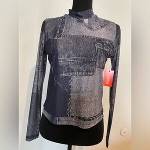 Mock Neck Long Sleeve Tee in Blue Denim-look Patchwork Print